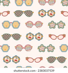 Sunglasses seamless pattern in retro groovy hippie style. Vector illustration 70s 80s