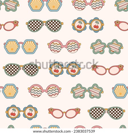 Sunglasses seamless pattern in retro groovy hippie style. Vector illustration 70s 80s