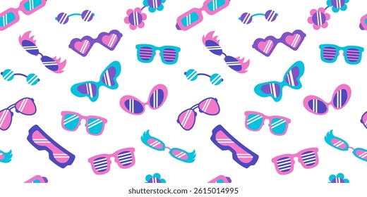 Sunglasses seamless pattern. Summer background with different retro glasses. Funny glasses for 80s-90s style party. Holographic Glasses in shape of butterflies, hearts, flames, flowers. Good for cover