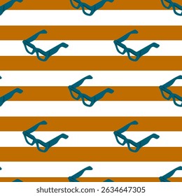 Sunglasses Seamless Summer Pattern — dark fashionable sunglasses on orange and white striped background, repeated in playful flat cartoon style for a summery mood.