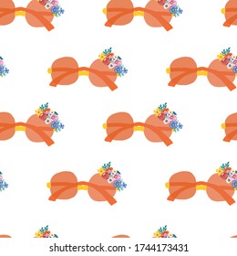 Sunglasses seamless vector pattern. Pink sunshades with flowers on a white background. Fun summer textile design boho style. For fabric, surface pattern design, summer decor