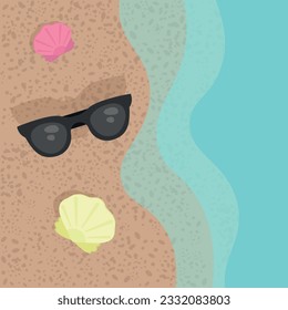 Sunglasses and seashells lie on the sand. Beach. Vector.