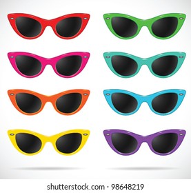 Sunglasses set (cats-eye shaped/multicolored/isolated) -vector illustration Shadow and background are on separate layers. Transparent lens. Easy editing.