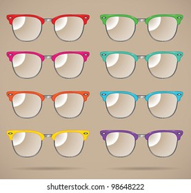 Sunglasses set (clubmaster shape/multicolored/isolated) - vector illustration Shadow and background are on separate layers. Transparent lens. Easy editing.