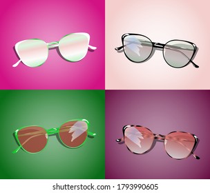 Sunglasses set in different colours with bright background. Vector illustration. Cateye sunglasses. 