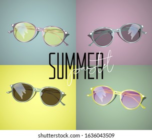 Sunglasses set in different colours with pastel background and title summer funk. Vector illustration. Illustration for commercial use.  Stylish glasses shop , web or social network.