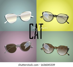 Sunglasses set in different colours with pastel background and title cat glam. Vector illustration. Illustration for commercial use.  Stylish glasses shop , web or social network.