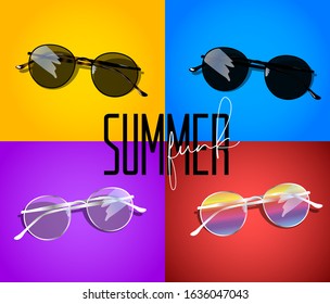 Sunglasses set in different colours with pastel background and title summer funk. Vector illustration. Illustration for commercial use.  Stylish glasses shop , web or social network.