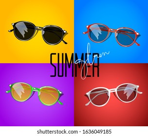 Sunglasses set in different colours with pastel background and title summer glam. Vector illustration. Illustration for commercial use.  Stylish glasses shop , web or social network.