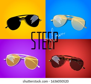 Sunglasses set in different colours with pastel background and title steep glam. Vector illustration. Illustration for commercial use.  Stylish glasses shop , web or social network.