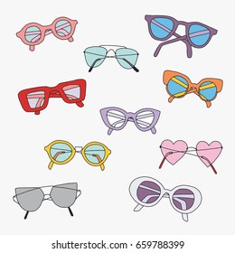 Sunglasses set. Hand drawn vector illustration. Cartoon funny style pictures of 80s and 90s. Design for stickers and patches. Different trendy badges and pins. Pictograms in line-art style.