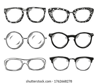 Sunglasses set. Hand made ink and pen. Vector black outlines on white background. Stylish glasses collection. Fashion accessory. Isolated objects on white.
