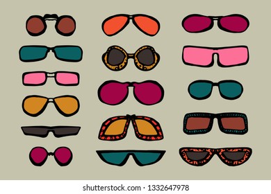Sunglasses set. Hand-drawn multicolored vector illustration.