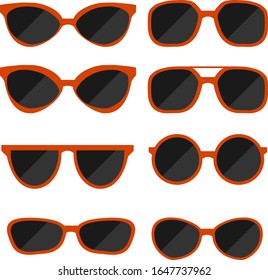Sunglasses, set of sunglasses isolated on white. Vector, cartoon illustration of red sunglasses. Vector.