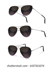 Sunglasses set with realistic images of aviator sunglasses from various angles with shadows on blank background vector illustration