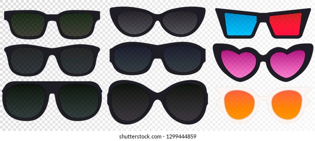 Sunglasses. Set of realistic vector illustrations with transparent tinted glasses. Accessories of various types complement the style of clothing. Modern style sunglasses on transparent background.