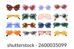 Sunglasses set, retro eyewear with unique frames. Cartoon doodle colorful designs, optical lenses, and sunglasses for fashion and summer vibes. Women’s accessories for a trendy look.