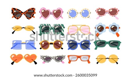 Sunglasses set, retro eyewear with unique frames. Cartoon doodle colorful designs, optical lenses, and sunglasses for fashion and summer vibes. Women’s accessories for a trendy look.