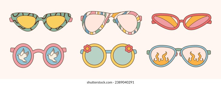 Sunglasses set in retro groovy hippie style. Different forms. Vector illustration 60s 70s