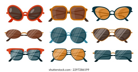 Gafas de sol puestas. Protección solar de verano. Lágrimas de diseño con lentes coloridas y formas diferentes. Ilustración vectorial plana