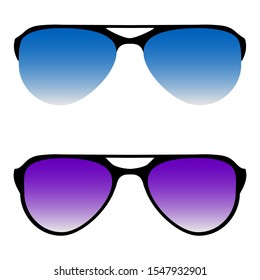 Sunglasses set. Trendy sunglasses colors. Summer eyeglasses. Fashion collection. Summer vacation item. Sunglasses for tropical trip. Glasses with gradient colored glass. Vector illustration.