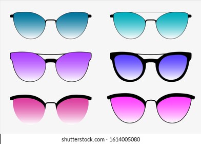 Sunglasses set. Trendy sunglasses colors. Summer eyeglasses. Fashion collection. Summer vacation item. Sunglasses for tropical trip. Glasses with gradient colored glass. Vector illustration.