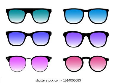 Sunglasses set. Trendy sunglasses colors. Summer eyeglasses. Fashion collection. Summer vacation item. Sunglasses for tropical trip. Glasses with gradient colored glass. Vector illustration.