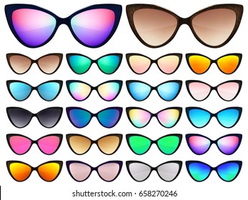 Sunglasses set. Trendy sunglasses colors. Summer eyeglasses. Fashion collection. Summer vacation item. Vintage eyeglasses. Sunglasses for tropical trip. Cat eye rim style. Retro trend vector.