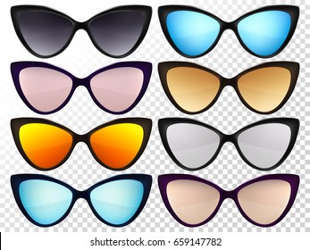 Sunglasses set. Trendy glasses colors. Fashion collection. Summer vacation item. Retro sunglasses for tropical trip. Cat eye rim style. Fashionable vector.