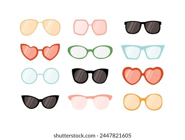 Sunglasses set vector isolated hand drawn flat illustration. Different shapes and colors of glasses.