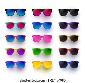 Sunglasses set (wayfarer shape/multicolored/isolated) - vector illustration Shadow and background are on separate layers. Transparent lens. Easy editing.