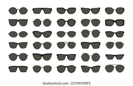 Formas de gafas de sol. Gafas de hipster polarizadas negras, anteojos clásicos retro, siluetas de anteojos de moda moderna. Conjunto plano vectorial. Accesorio de diseño diferente, sombra oscura para el verano