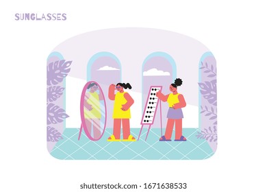 Sunglasses shop flat composition with indoor view of eyeglasses store with characters of seller and customer vector illustration
