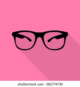 Sunglasses sign illustration. Black icon with flat style shadow path on pink background.