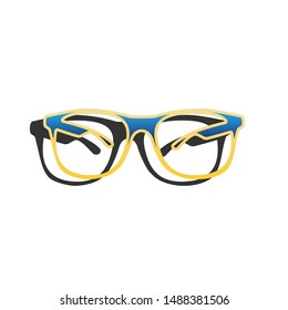 Sunglasses sign illustration. Blue icon with gold contour with dark gray shadow at white background. Illustration.