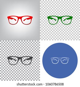 Sunglasses sign illustration. Vector. 4 styles. Red gradient in radial lighted background, green flat and gray scribble icons on transparent and linear one in blue circle.