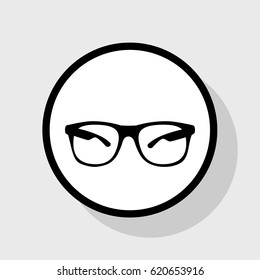 Sunglasses sign illustration. Vector. Flat black icon in white circle with shadow at gray background.