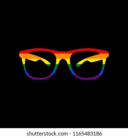Sunglasses sign illustration. Vector. Icon with colors of LGBT flag at black background.