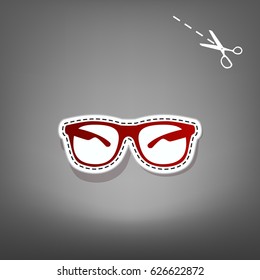 Sunglasses sign illustration. Vector. Red icon with for applique from paper with shadow on gray background with scissors.
