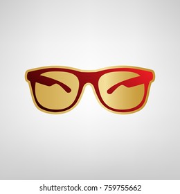 Sunglasses sign illustration. Vector. Red icon on gold sticker at light gray background.