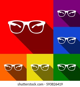 Sunglasses sign illustration. Vector. Set of icons with flat shadows at red, orange, yellow, green, blue and violet background.