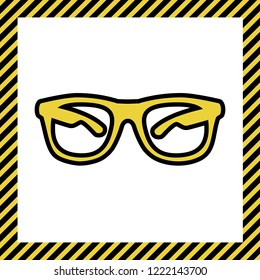 Sunglasses sign illustration. Vector. Warm yellow icon with black contour in frame named as under construction at white background. Isolated.