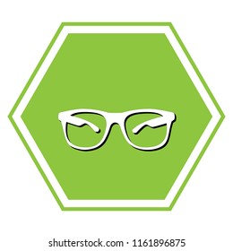 Sunglasses sign illustration. Vector. White icon with black shadow at yellow green honeycomb on white background.