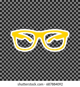 Sunglasses sign illustration. Vector. Yellow icon with white contour on dark transparent background.
