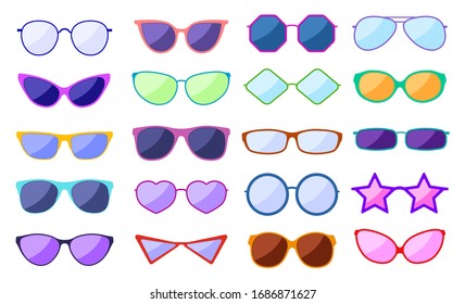 Sunglasses silhouette. Retro fashion glasses, glamour goggles. Trendy spectacles with reflection, protection eyewear. Vector icons set