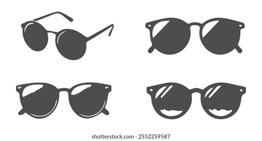  sunglasses silhouette vector icon white background, On a white background, a cartoon silhouette of sunglasses is shown, Sunglasses vector collection, modern vintage styles, fashionable eyewear.