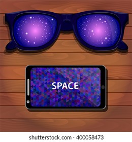 Sunglasses and smartphone, space reflection, polygonal background