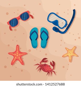 sunglasses with snorkel masks and flip-flop with crab and starfishes