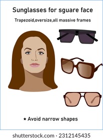 Sunglasses for a square face shapeThree kinds of suitable shapes of glasses with a massive frame trapezoid Vector