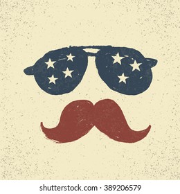 Sunglasses with stars and moustache. Tee print design